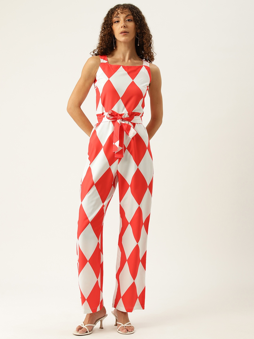 

Sleek Italia Geometric Printed Basic Jumpsuit with Waist Tie-Ups, White