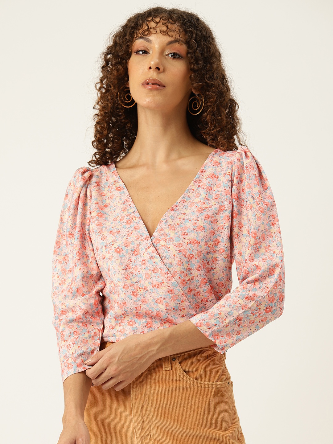 

Sleek Italia Floral Print Puff Sleeve Crepe Wrap Crop Top, Peach