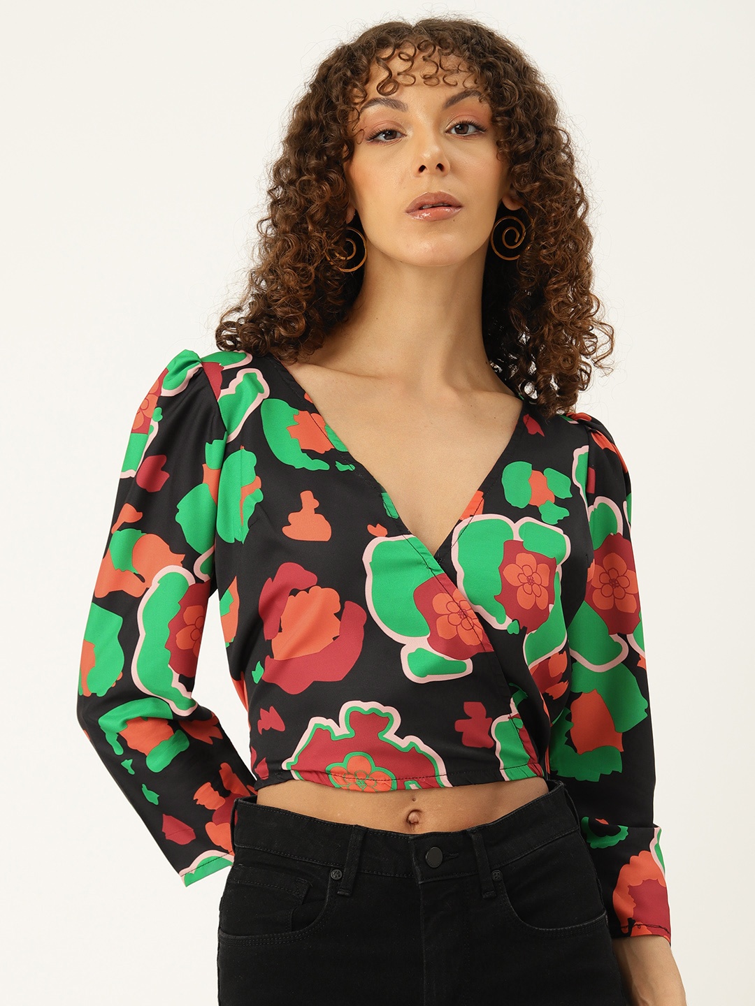 

Sleek Italia Floral Print Puff Sleeve Crepe Wrap Crop Top, Black
