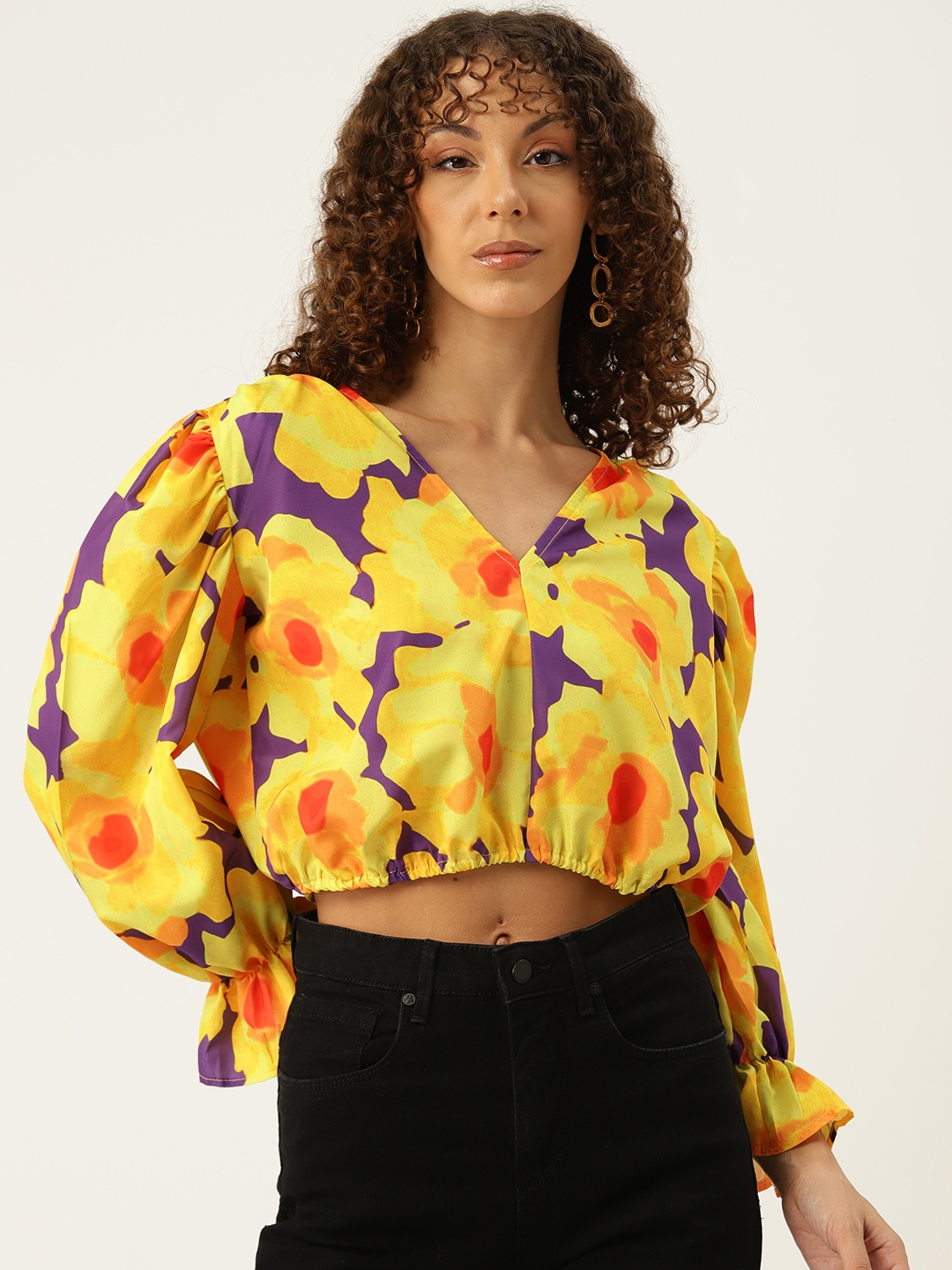 

Sleek Italia Floral Print Puff Sleeve Crepe Blouson Crop Top, Purple
