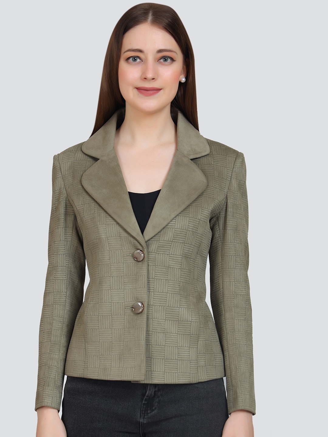 

YOUNG CLUB CLASSIC Checked Notched Lapel Long Sleeves Suede Pea Coat, Green