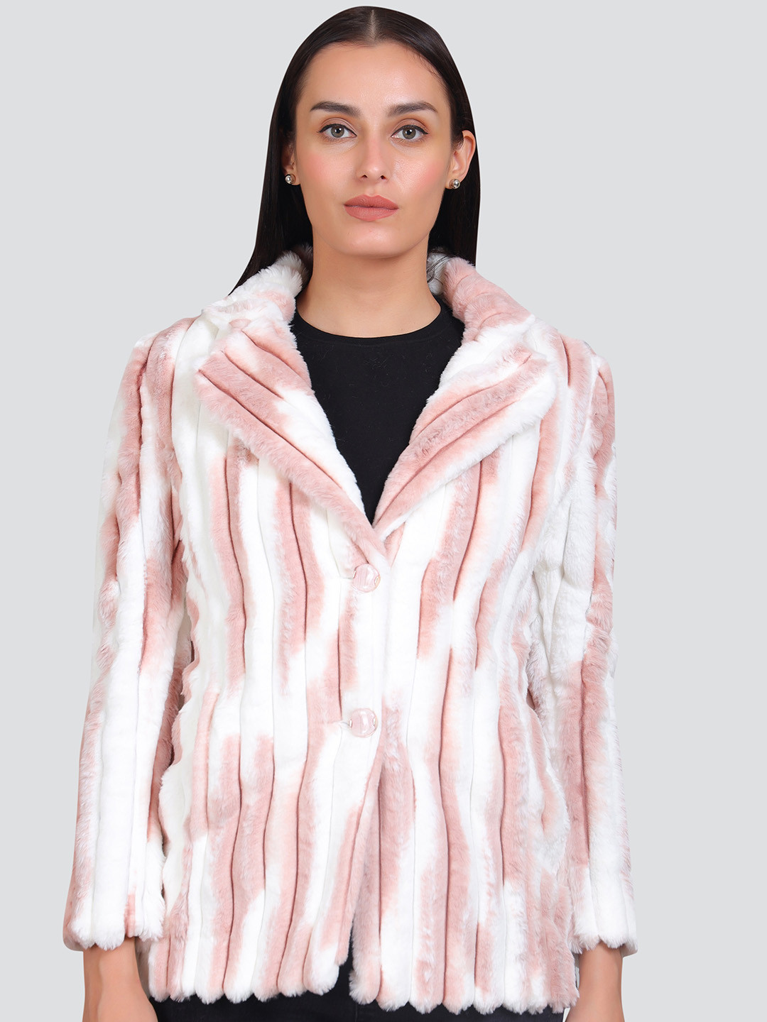 

YOUNG CLUB CLASSIC Striped Single Breasted Notched Lapel Collar Over Coat, Pink