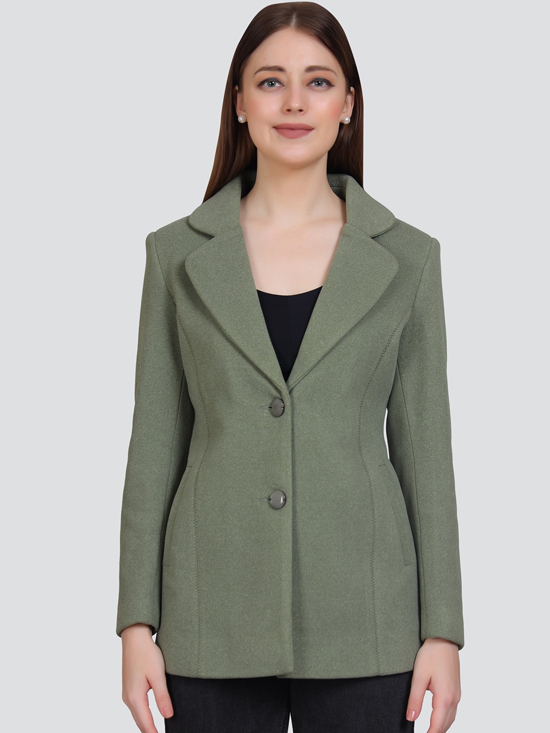 

YOUNG CLUB CLASSIC Notched Lapel Collar Woolen Coat, Green