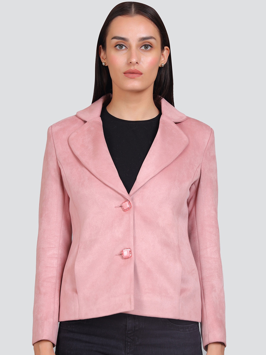 

YOUNG CLUB CLASSIC Notched Lapel Collar Single-Breasted Suede Overcoat, Pink