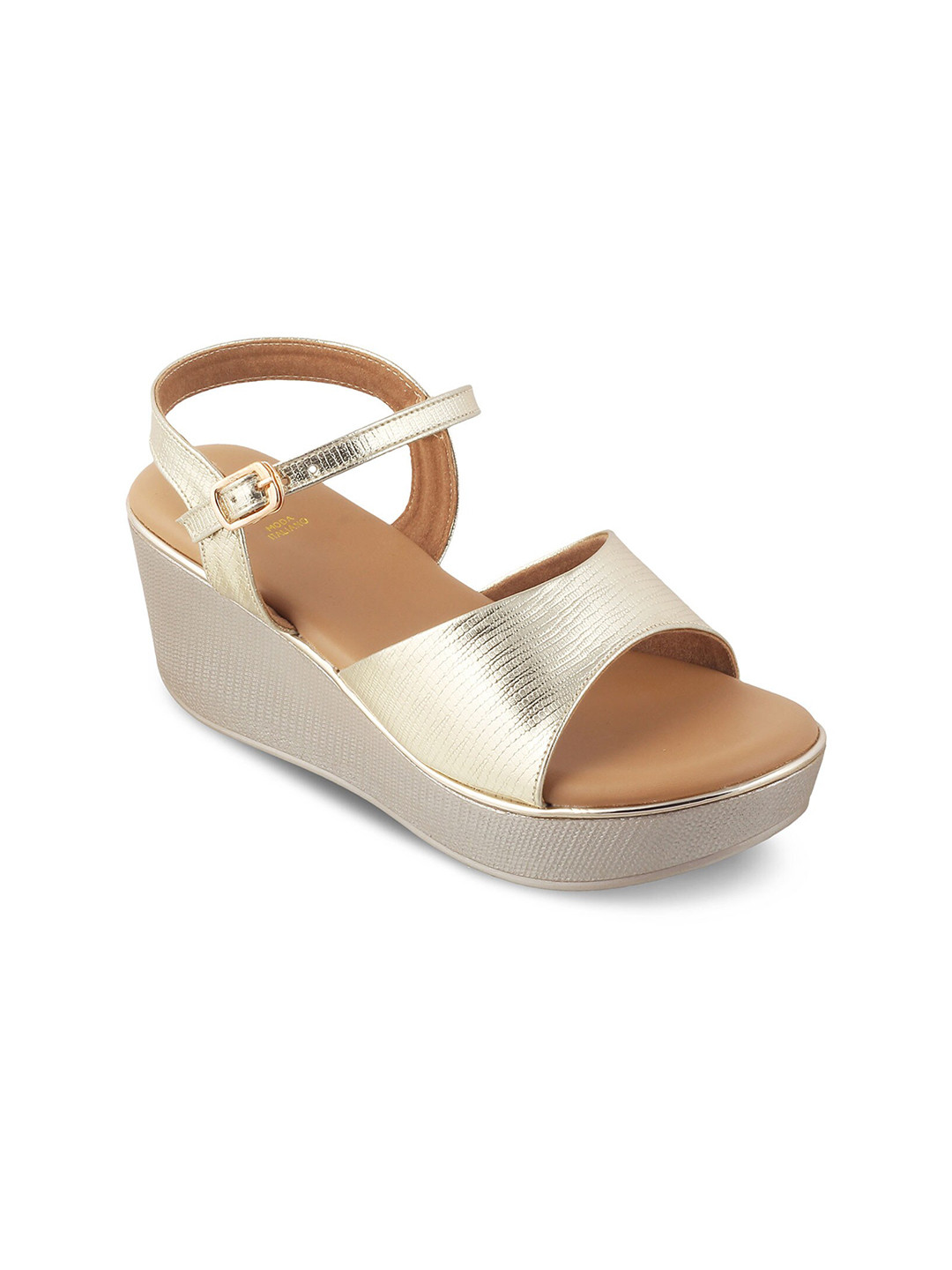 

Tresmode BANNES Textured Open Toe Wedges With Buckle Closure, Gold