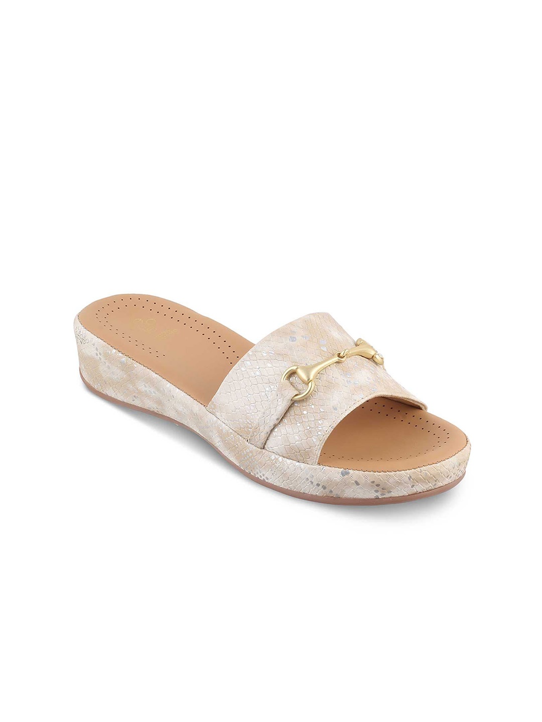 

Tresmode Textured Buckle Embellished Open Toe Flats, Beige