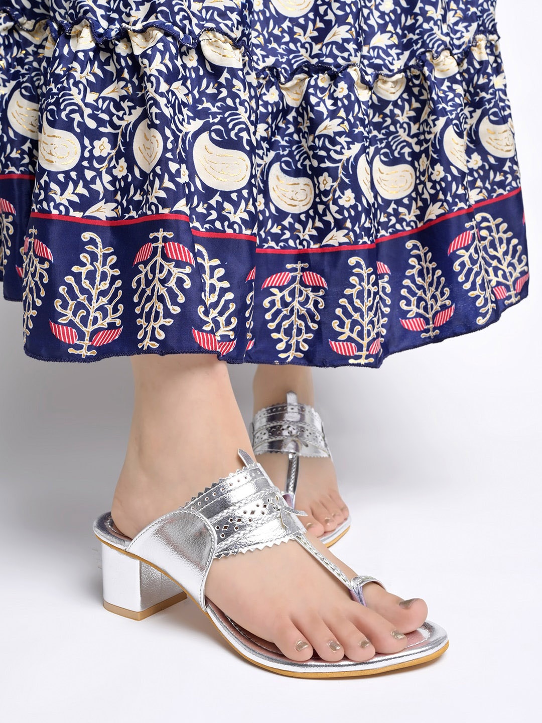 

Shoetopia Embellished Open Toe Ethnic Block Heels, Silver