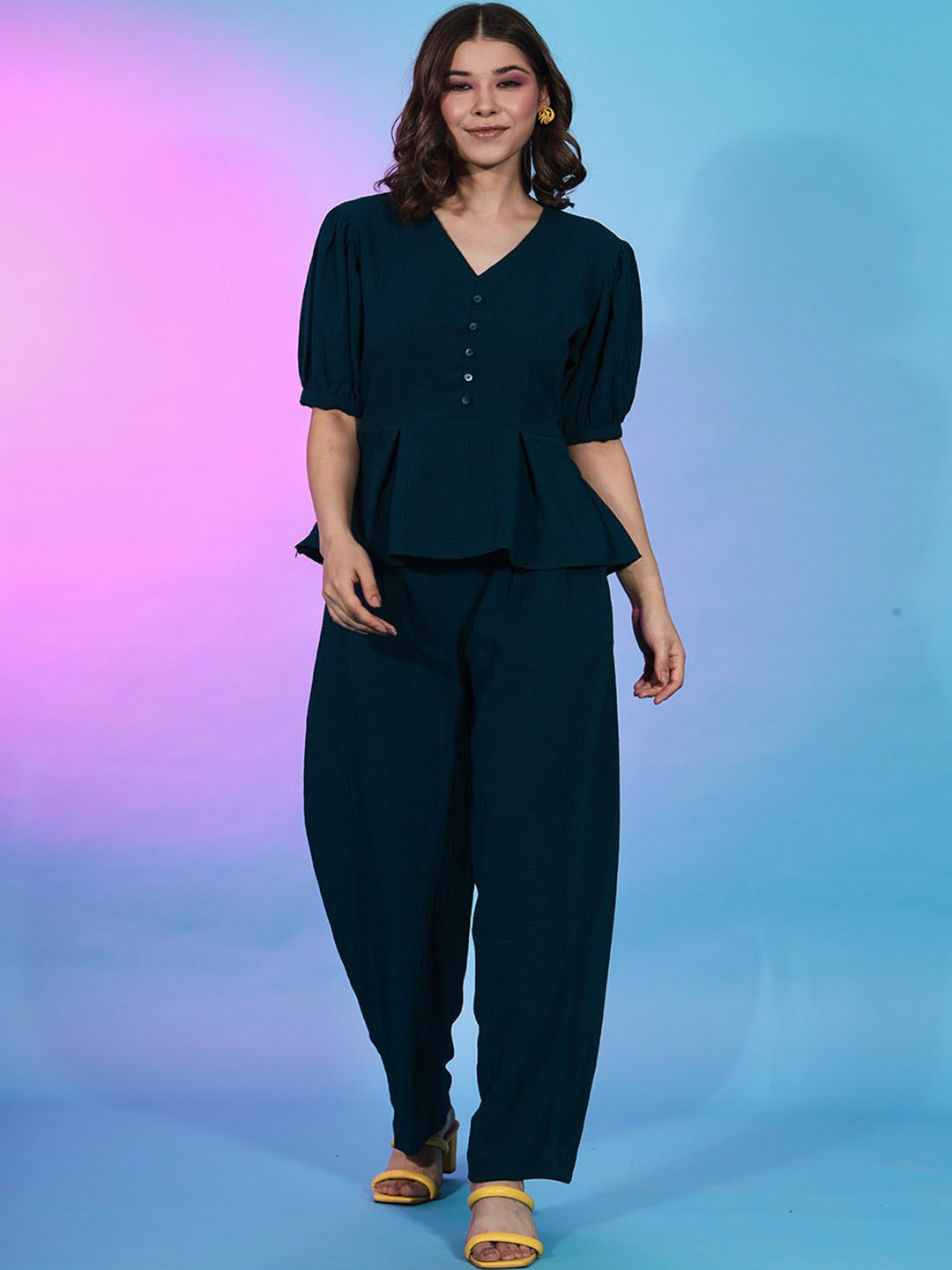 

SHUBHVASTRA Self Design V-Neck Puff Sleeves Top With Trousers, Teal