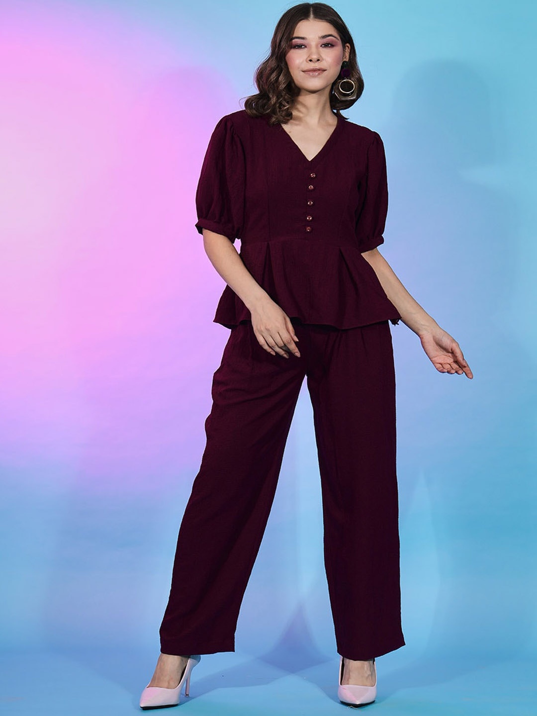 

SHUBHVASTRA V-Neck Top With Trousers Co-Ords, Maroon