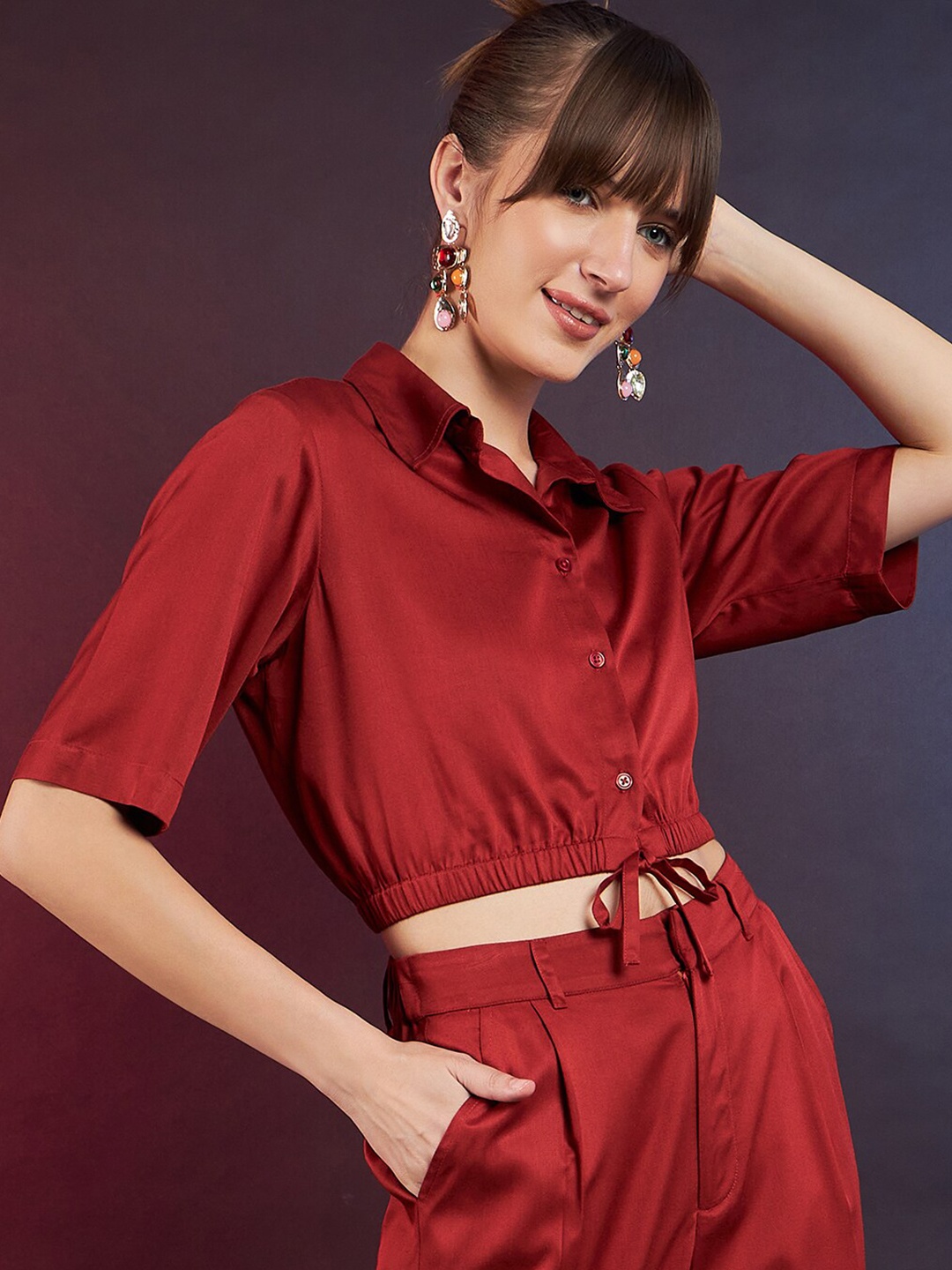 

DressBerry Rust Shirt Style Crop Top
