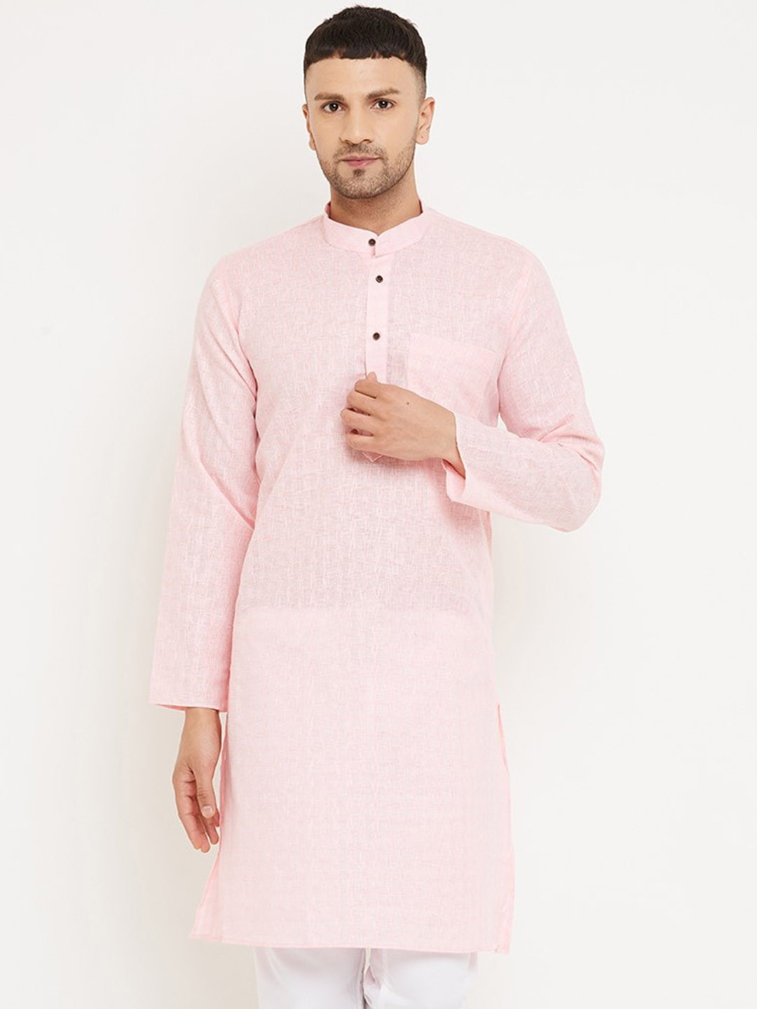 

Armaan Ethnic Checked Band Collar Straight Cotton Kurta, Pink