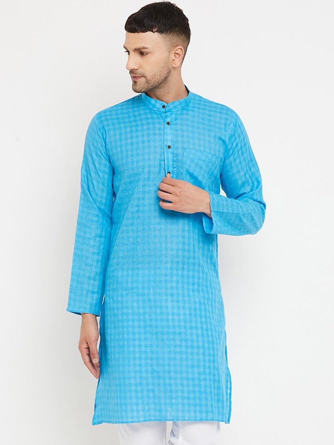 

Armaan Ethnic Checked Band Collar Long Sleeve Straight Kurta, Blue