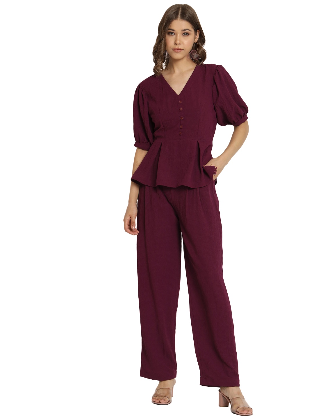 

Mitera Maroon V-Neck Puff Sleeve Top With Trousers