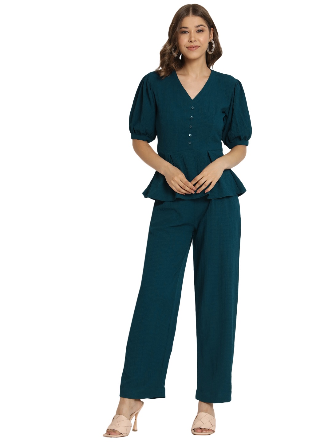 

Mitera Green Self Design V-Neck Puff Sleeve Top With Trousers