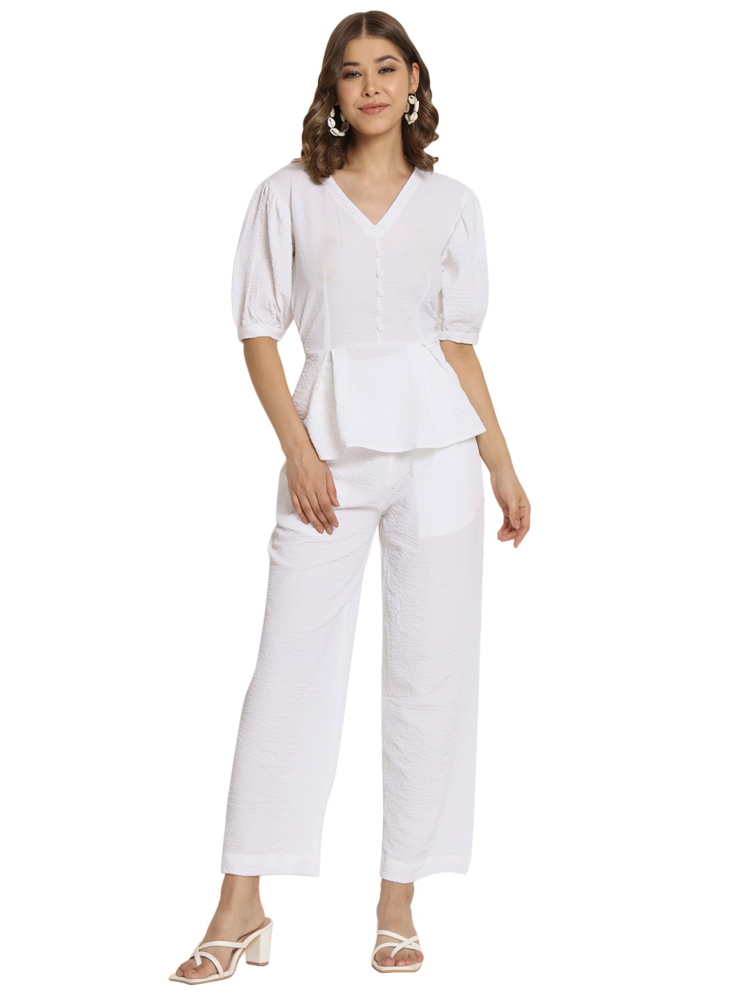 

Mitera White Self Design V-Neck Puff Sleeve Top With Trousers