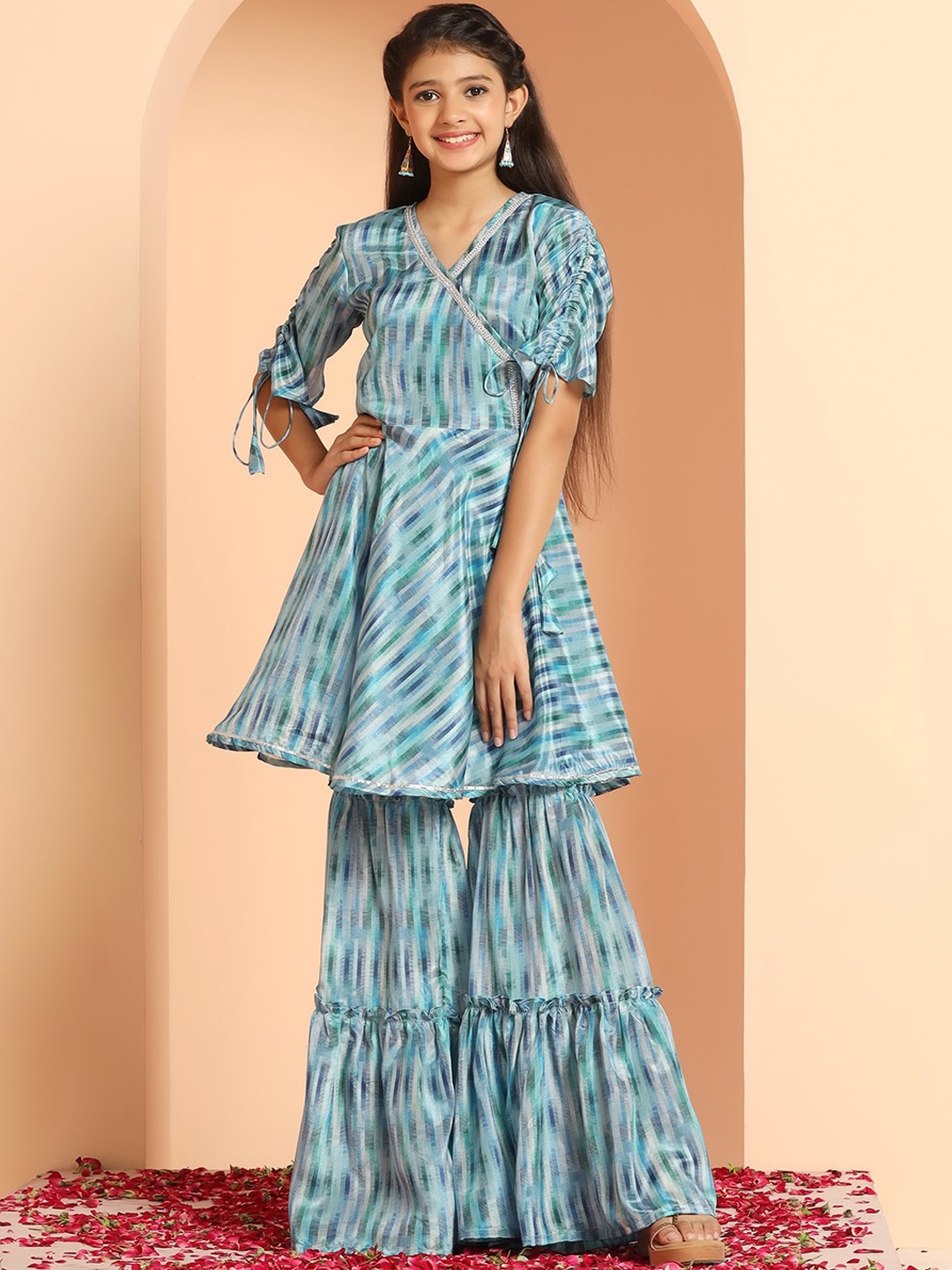 

FASHION DREAM Girls Striped Printed Angrakha V-Neck Kurta With Sharara, Blue