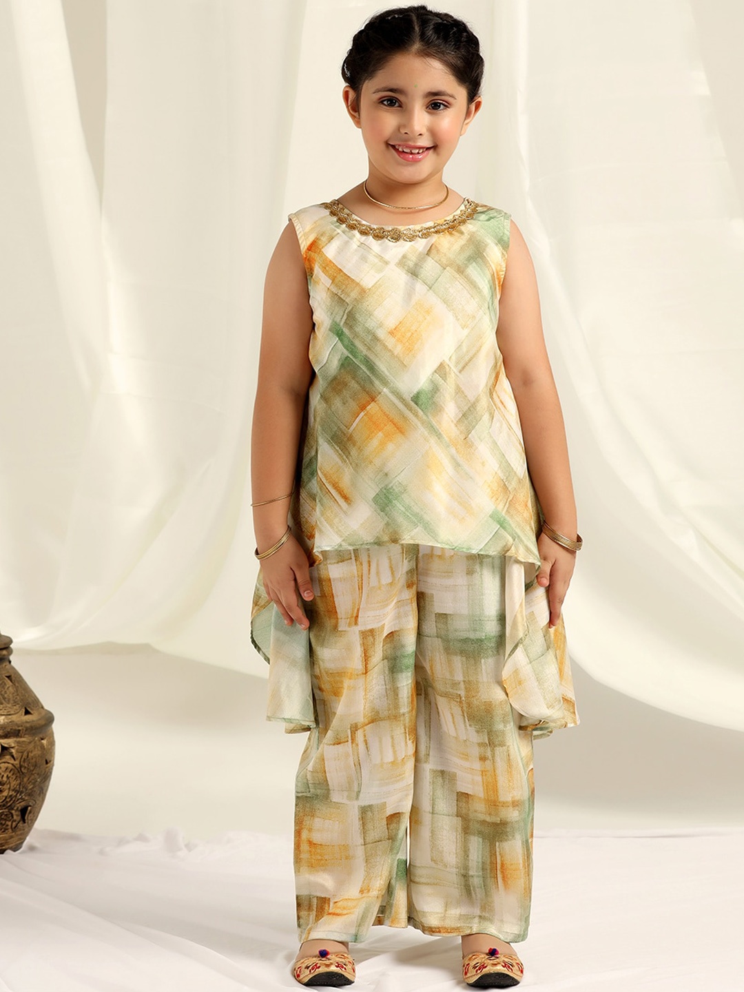 

FASHION DREAM Girls Abstract Printed Gotta Patti A-Line Kurti With Palazzos, Beige
