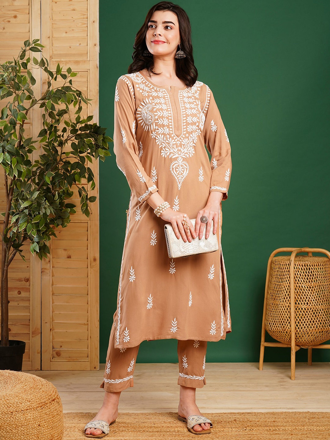 

ADA Ethnic Motifs Embroidered Chikankari Kurta with Trousers, Beige
