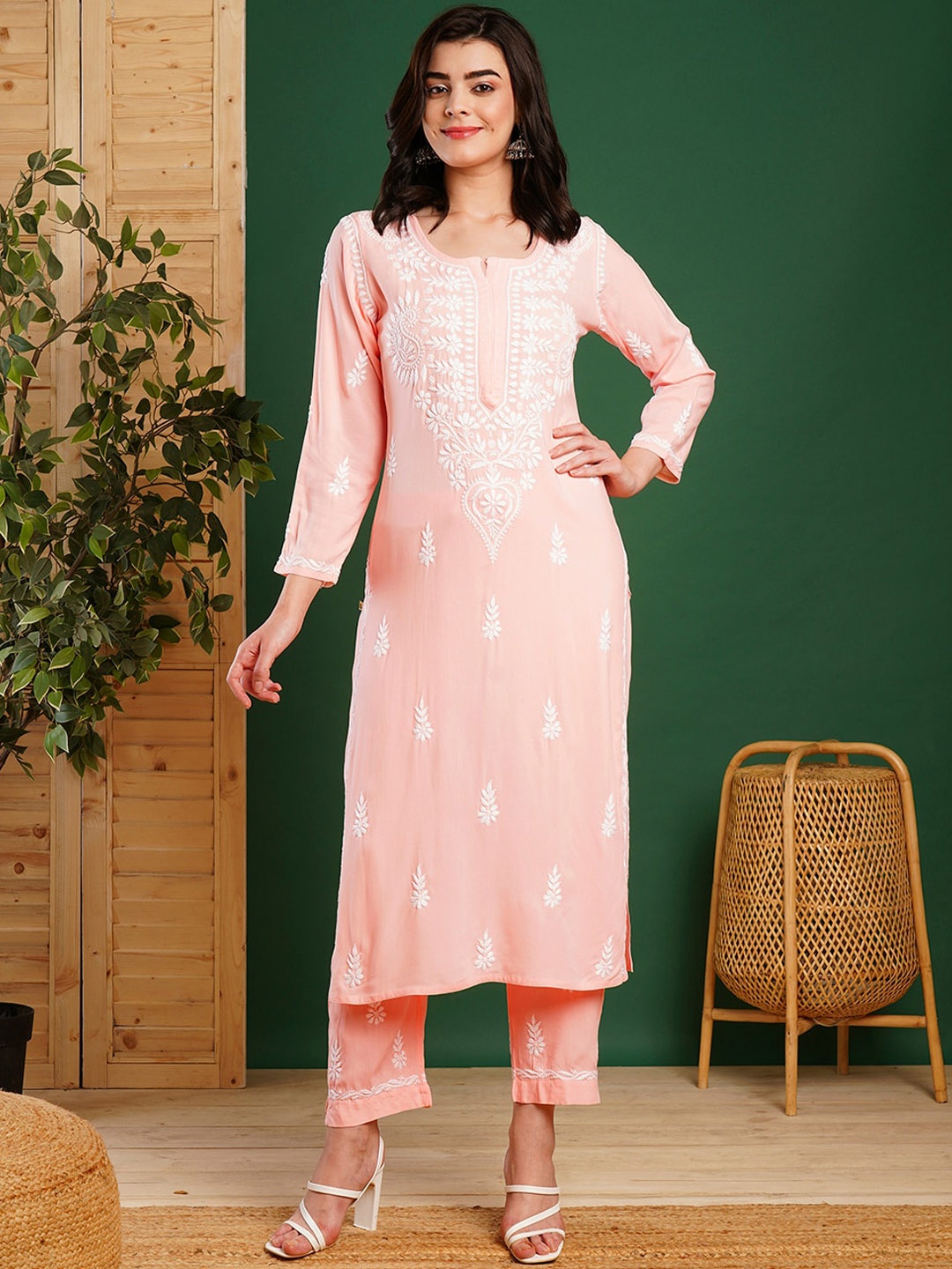 

ADA Ethnic Motifs Embroidered Chikankari Kurta with Trousers, Peach