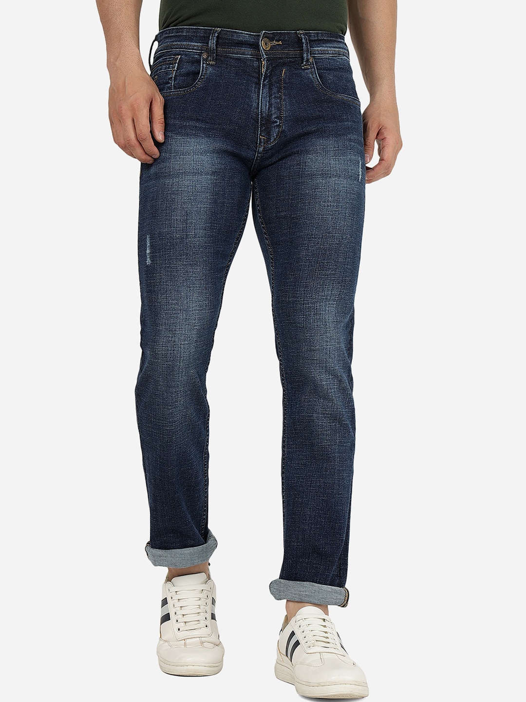 

Greenfibre Men Slim Fit Low Distress Heavy Fade Cotton Jeans, Blue