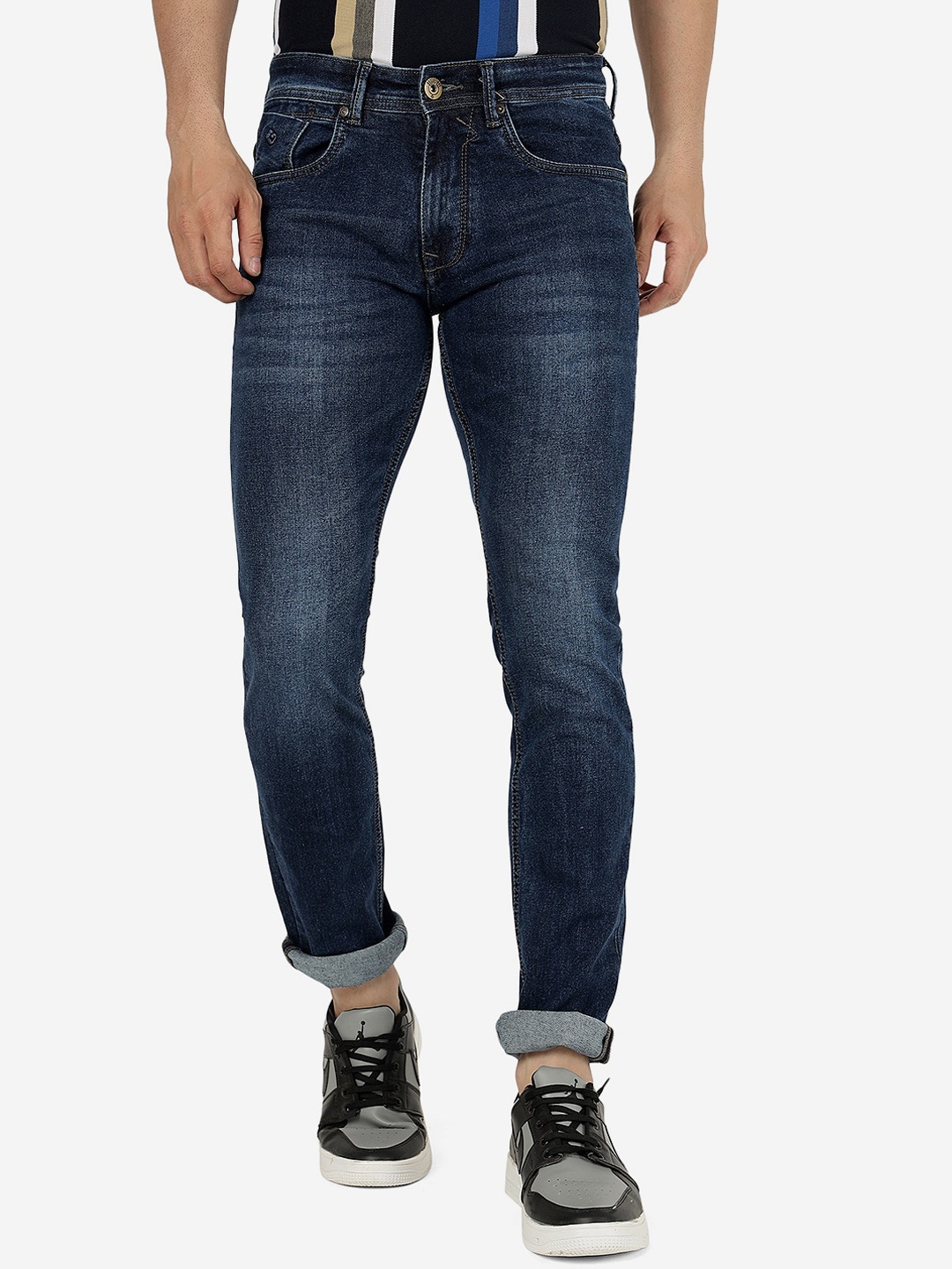 

Greenfibre Men Slim Fit Heavy Fade Clean Look Cotton Jeans, Blue