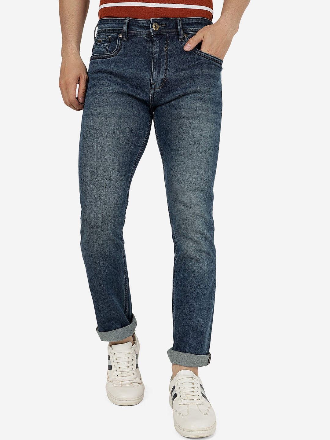 

Greenfibre Men Straight Fit Mid Rise Light Fade Cotton Jeans, Blue
