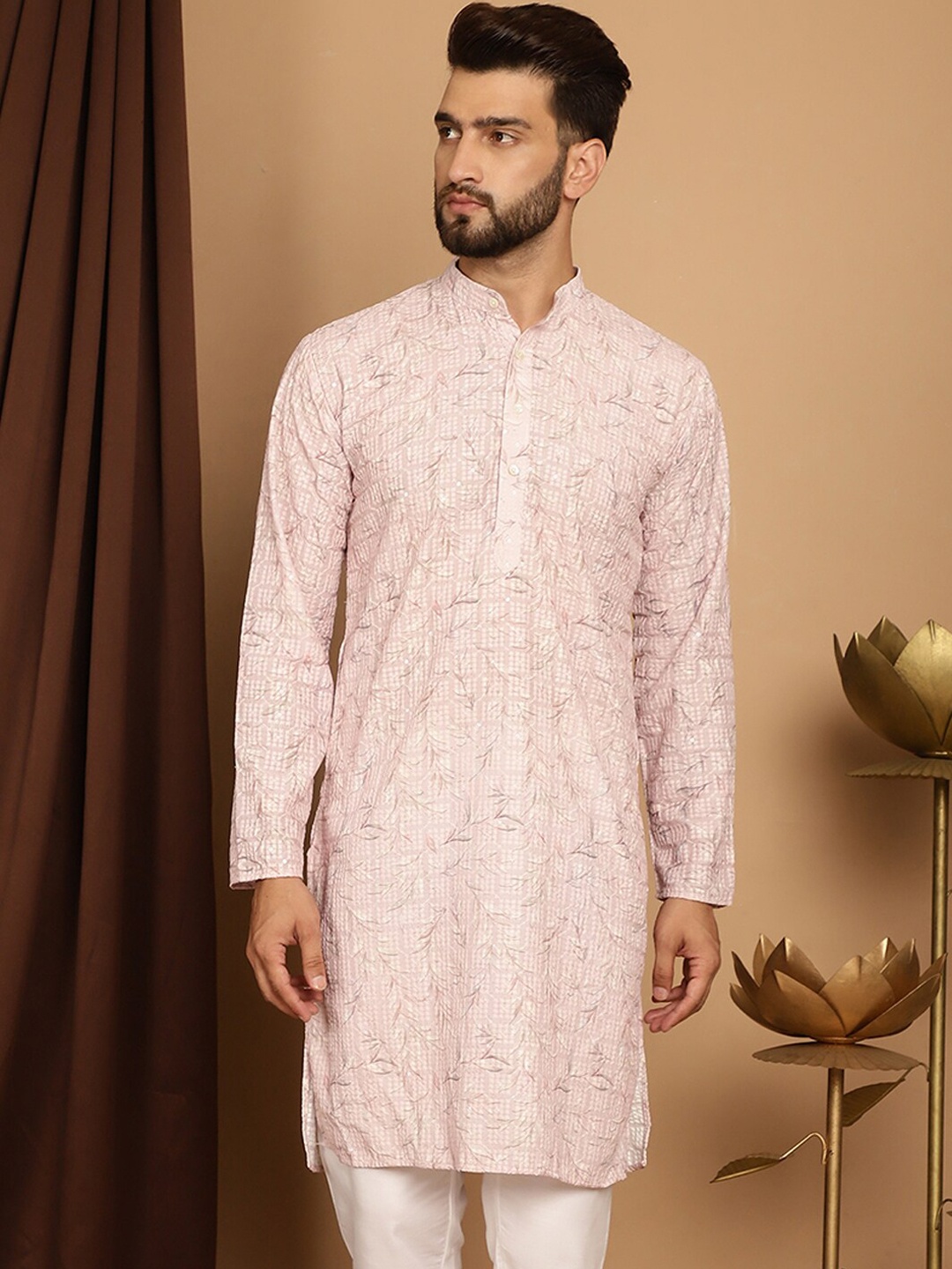 

SOJANYA Checked Band Collar Thread Work Pure Cotton Straight Kurta, Pink