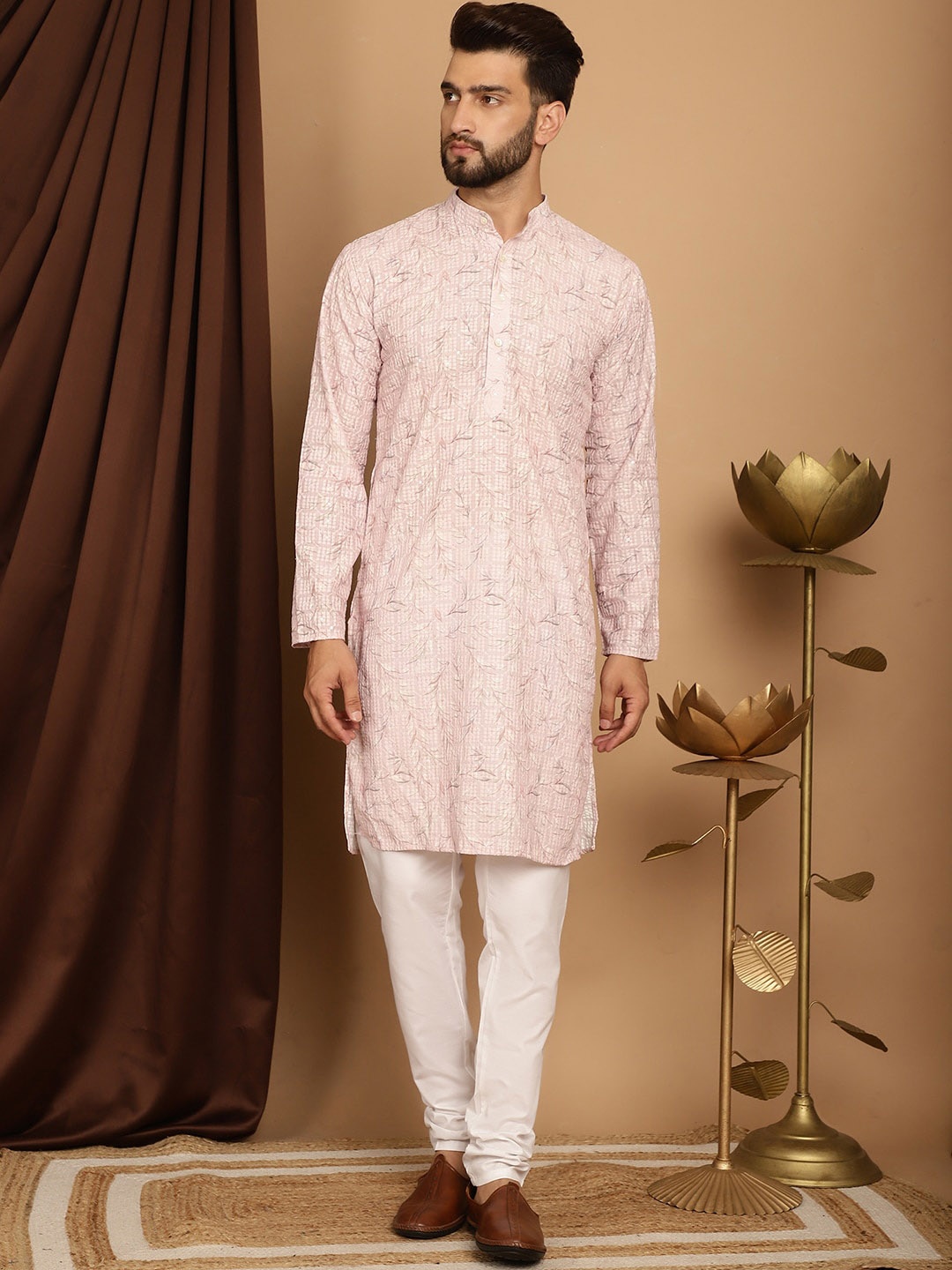 

SOJANYA Floral Printed Band Collar Thread Work Regular Pure Cotton Kurta with Churidar, Pink