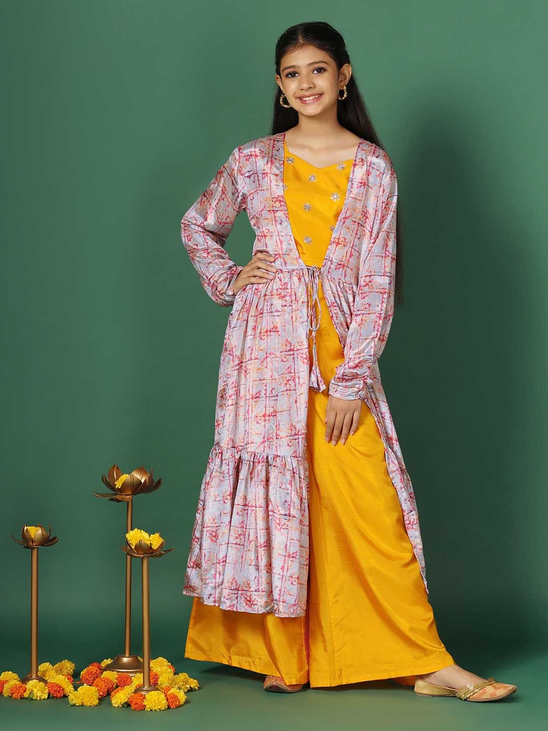 

FASHION DREAM Girls Embroidered Crop Top And Palazzo With Shrug, Yellow