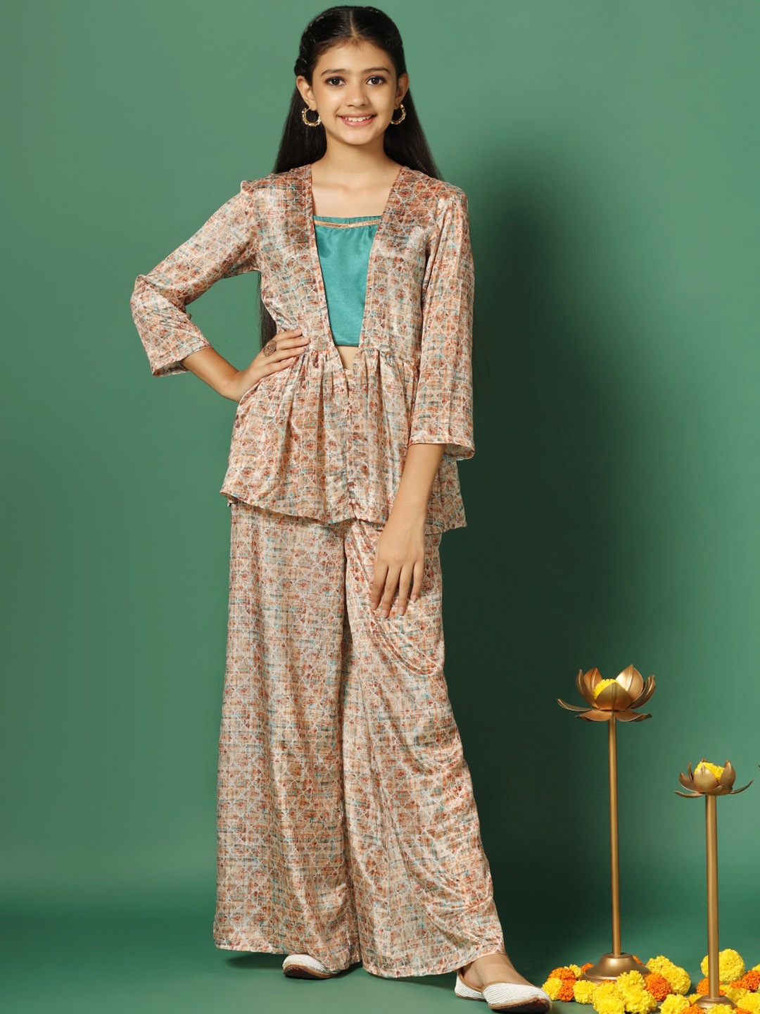

FASHION DREAM Sleeveless Crop Top & Printed Palazzo With Shrug, Blue
