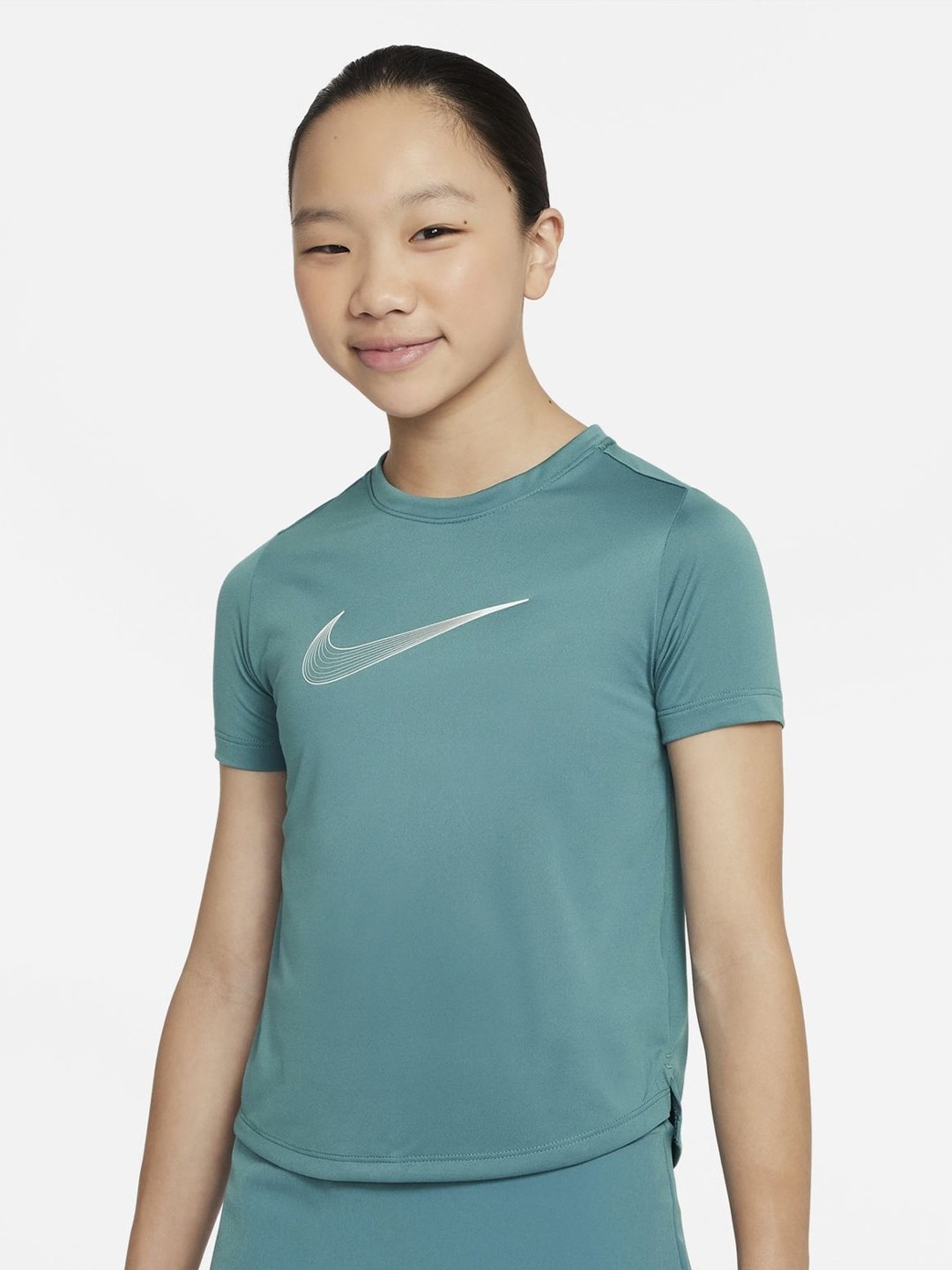 

Nike OneBig Girls Printed Dri-FIT Short-Sleeve Training Round Neck T-Shirt, Teal