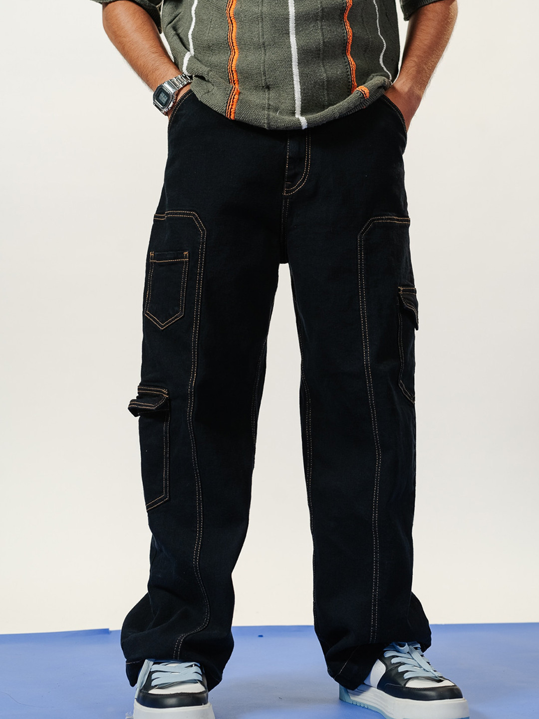 

FREAKINS Men Black Straight Fit High-Rise Clean Look Cotton Canvas Cargo Jeans