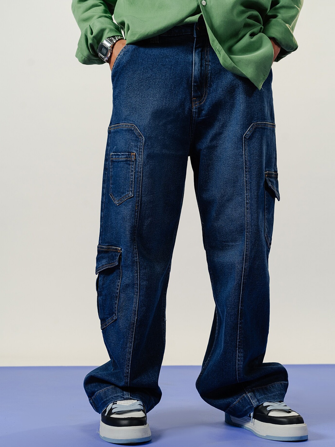 

FREAKINS Men Straight Fit High-Rise Clean Look Stretchable Denim Cargos, Blue