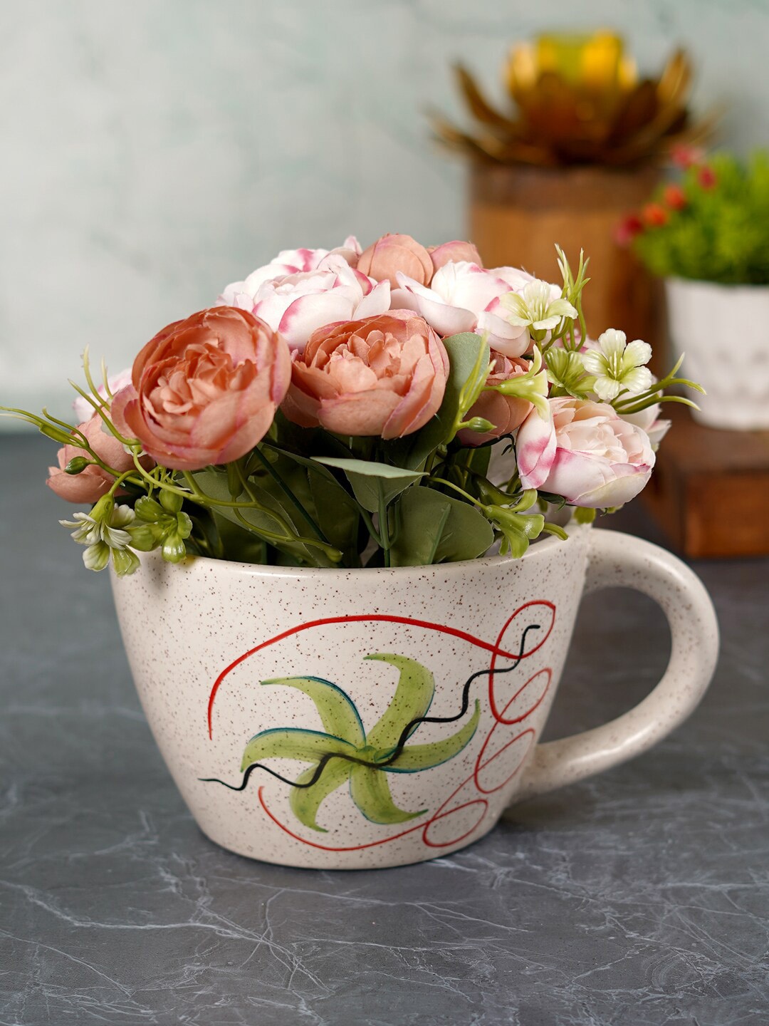 

CDI Cream-Coloured Flower Printed Cup Shaped Ceramic Planter