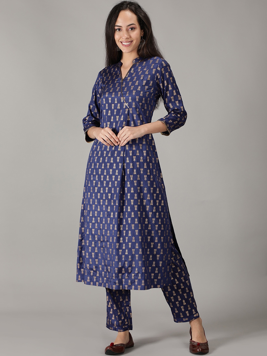 

KASYA Ethnic Motifs Printed Mandarin Collar A-line Kurta with Trousers, Navy blue