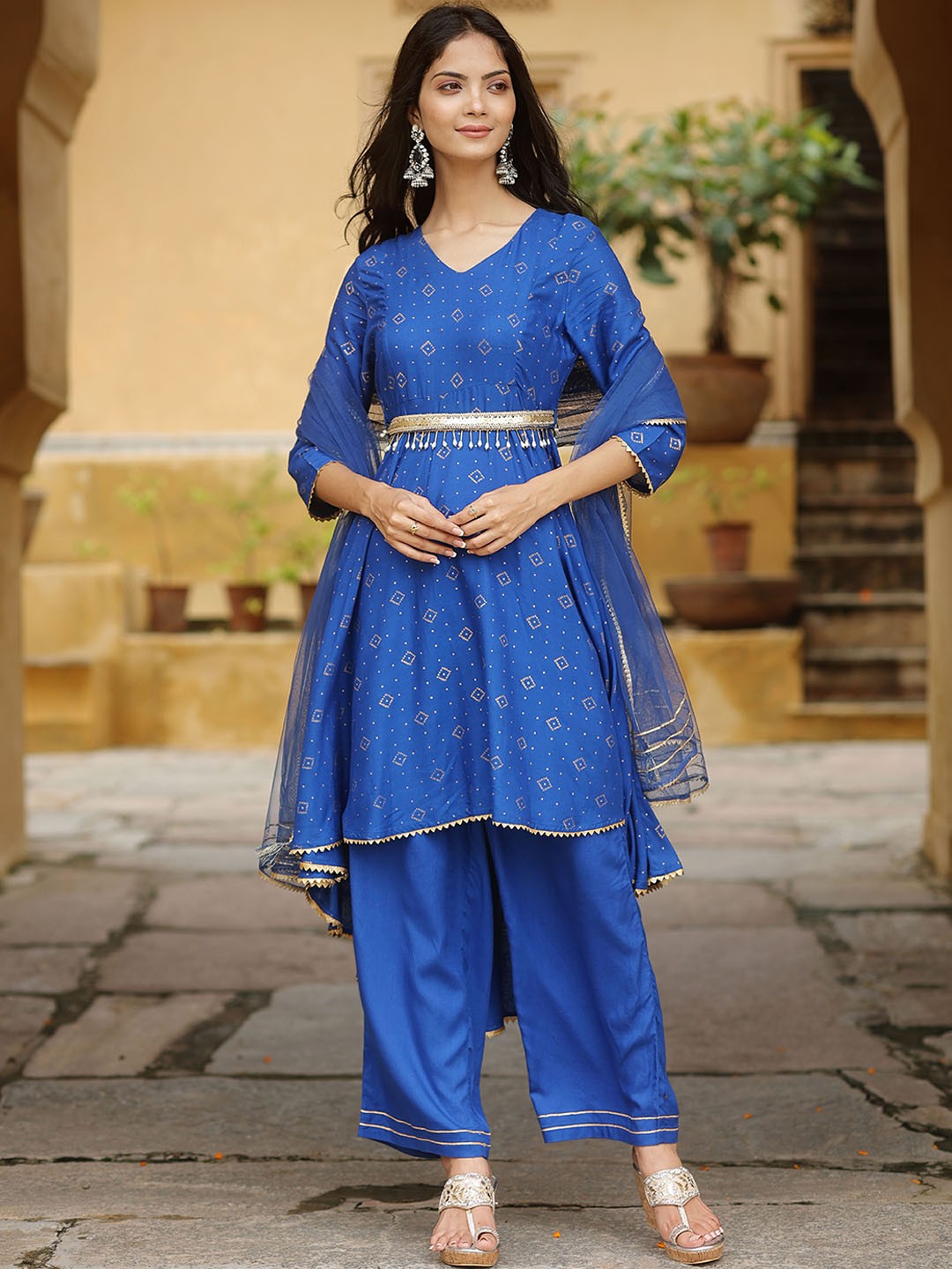 

KASYA Geometric Printed V-Neck Kurta with Palazzos & Dupatta, Blue