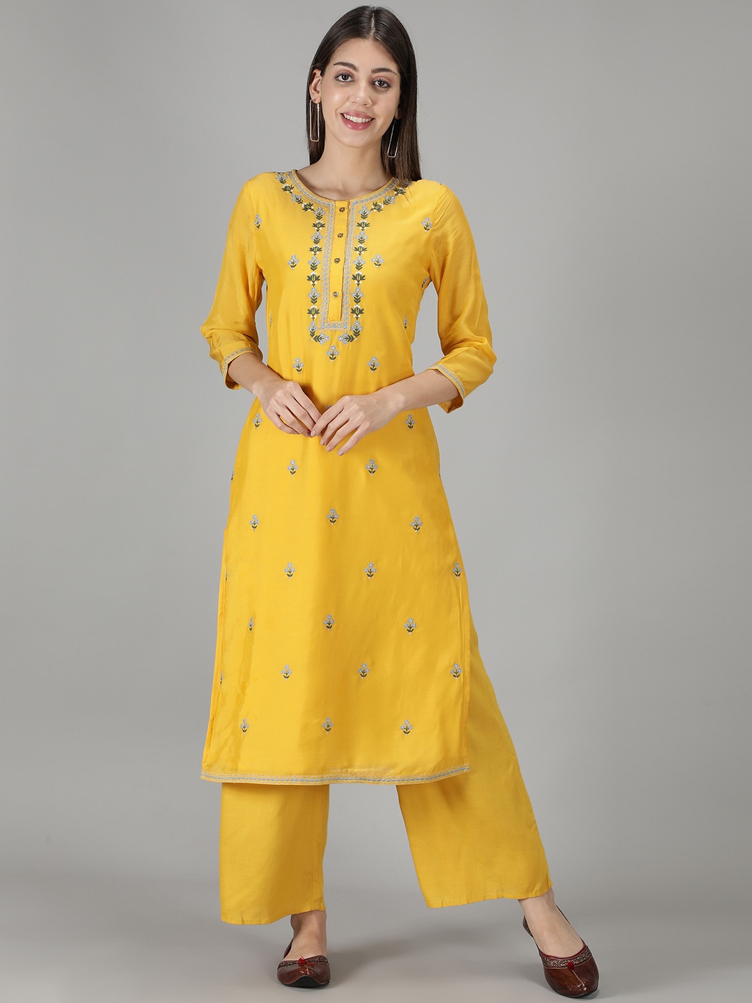 KASYA Floral Embroidered Regular Kurta with Palazzos, Yellow