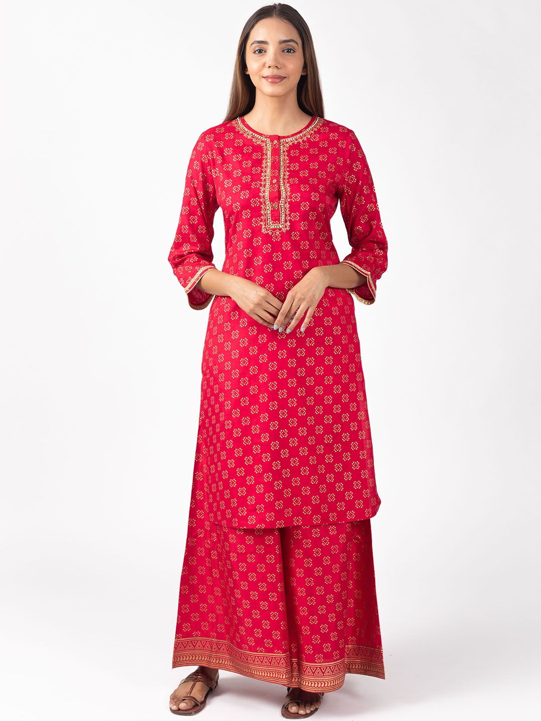 

KASYA Ethnic Motifs Printed Beads & Stones Straight Kurta with Palazzos, Pink