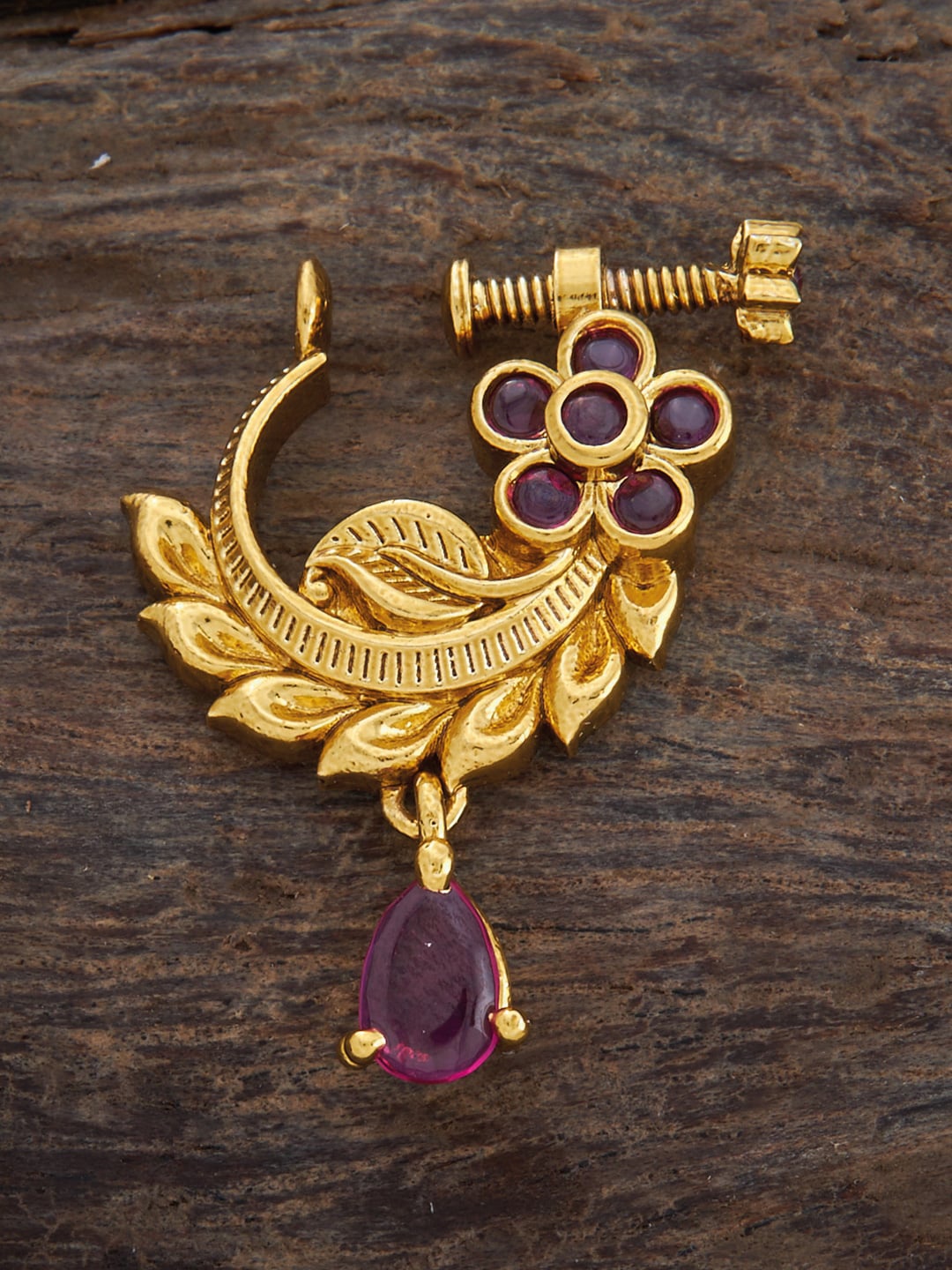 

Kushal's Fashion Jewellery Gold-plated Ruby Studded Antique Nath, Red