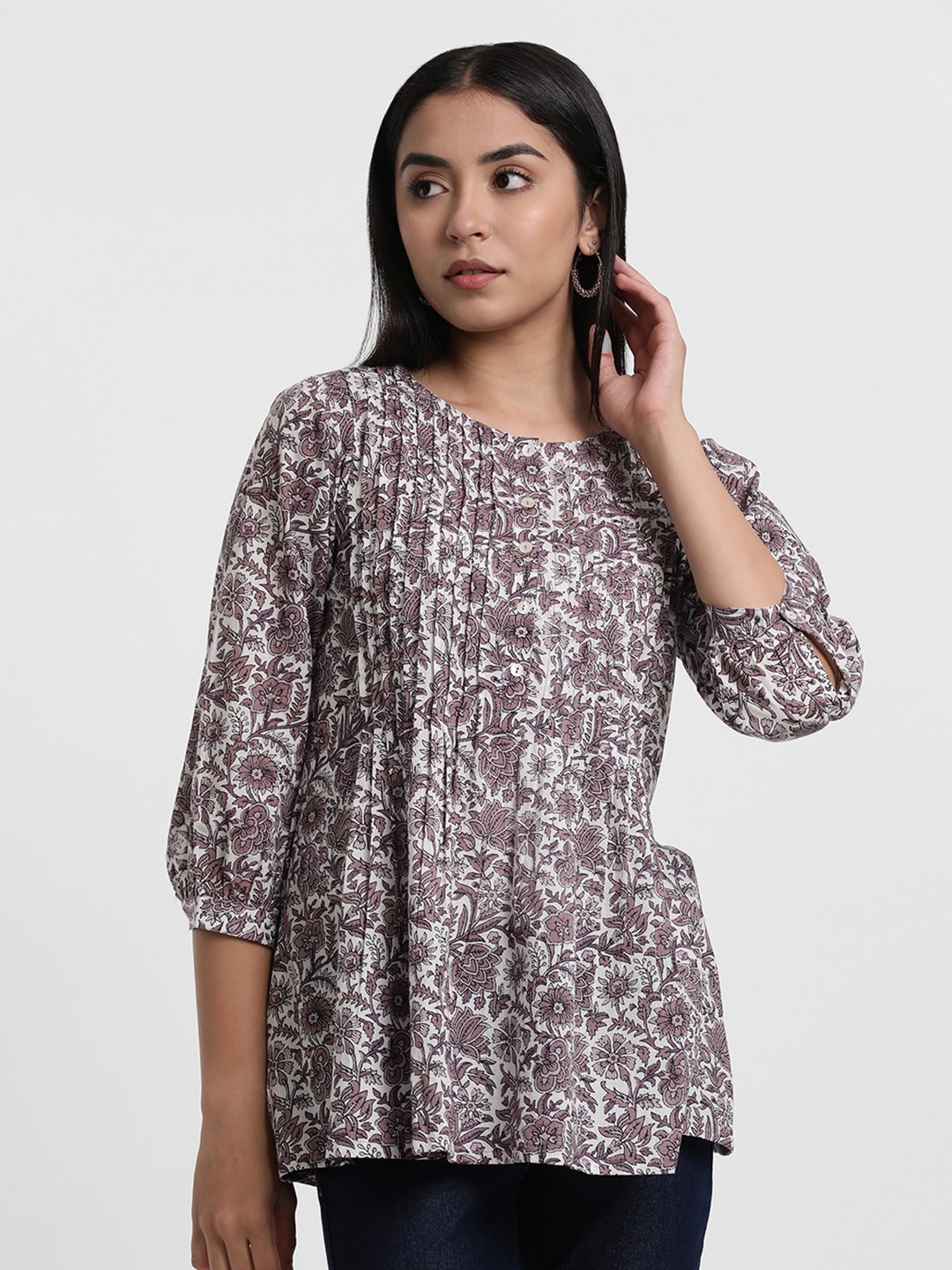 

Styli Floral Printed Cotton Tunic, Purple