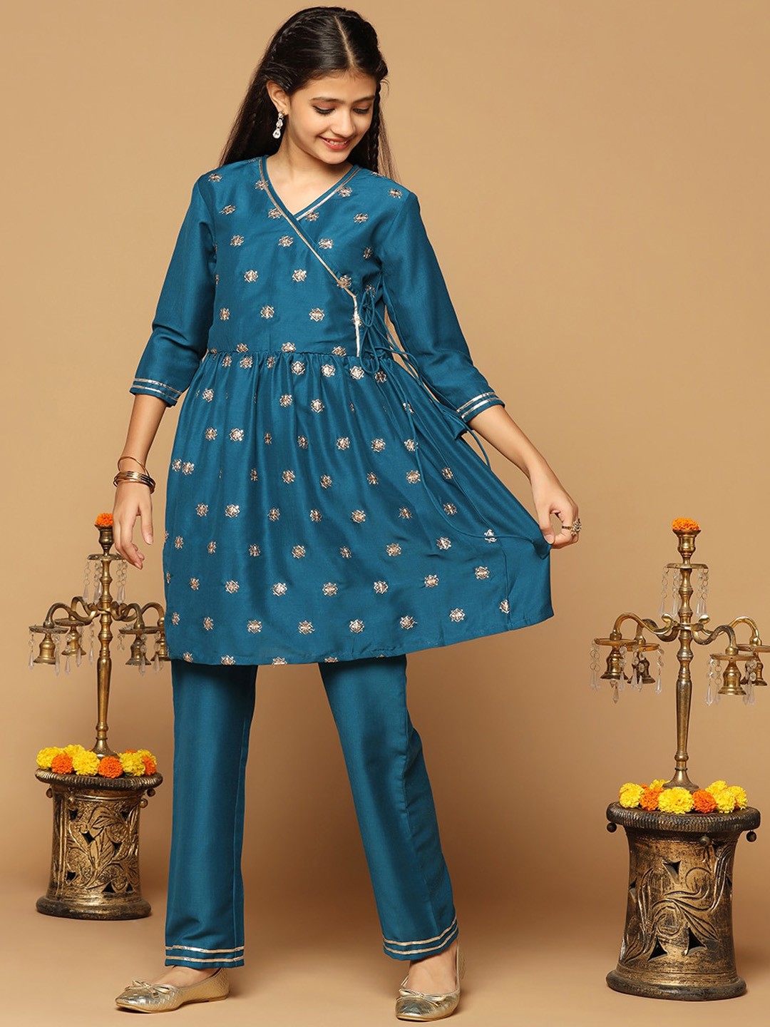 

FASHION DREAM Girls Embroidered V-Neck Angrakha Kurti With Trousers, Blue