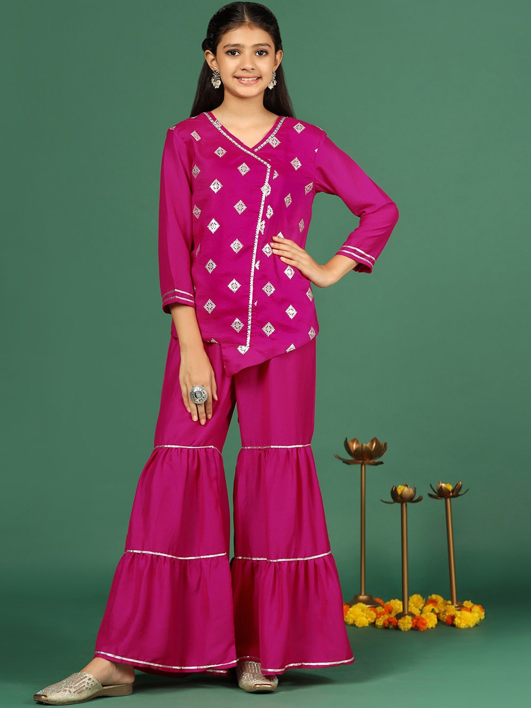 

FASHION DREAM Girls Ethnic Motifs Embroidered Regular Gotta Patti Kurti With Sharara, Pink