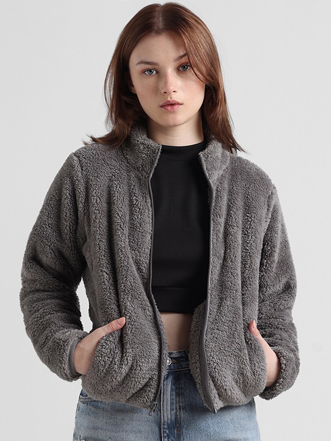 

ONLY Self Design Mock Collar Tailored Jacket, Grey