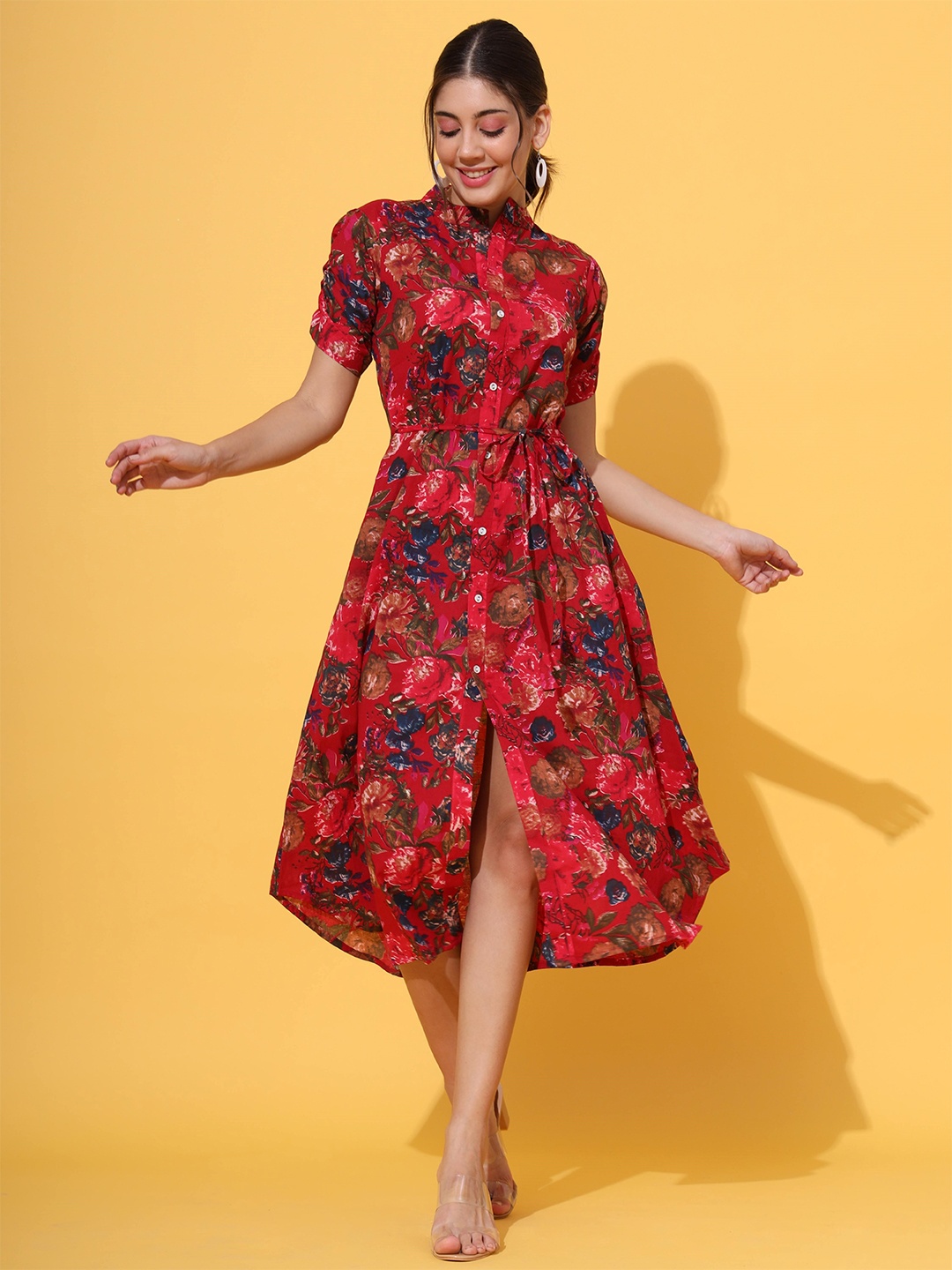 

Vbuyz Floral Printed Belted Cotton Fit & Flare Dress, Pink