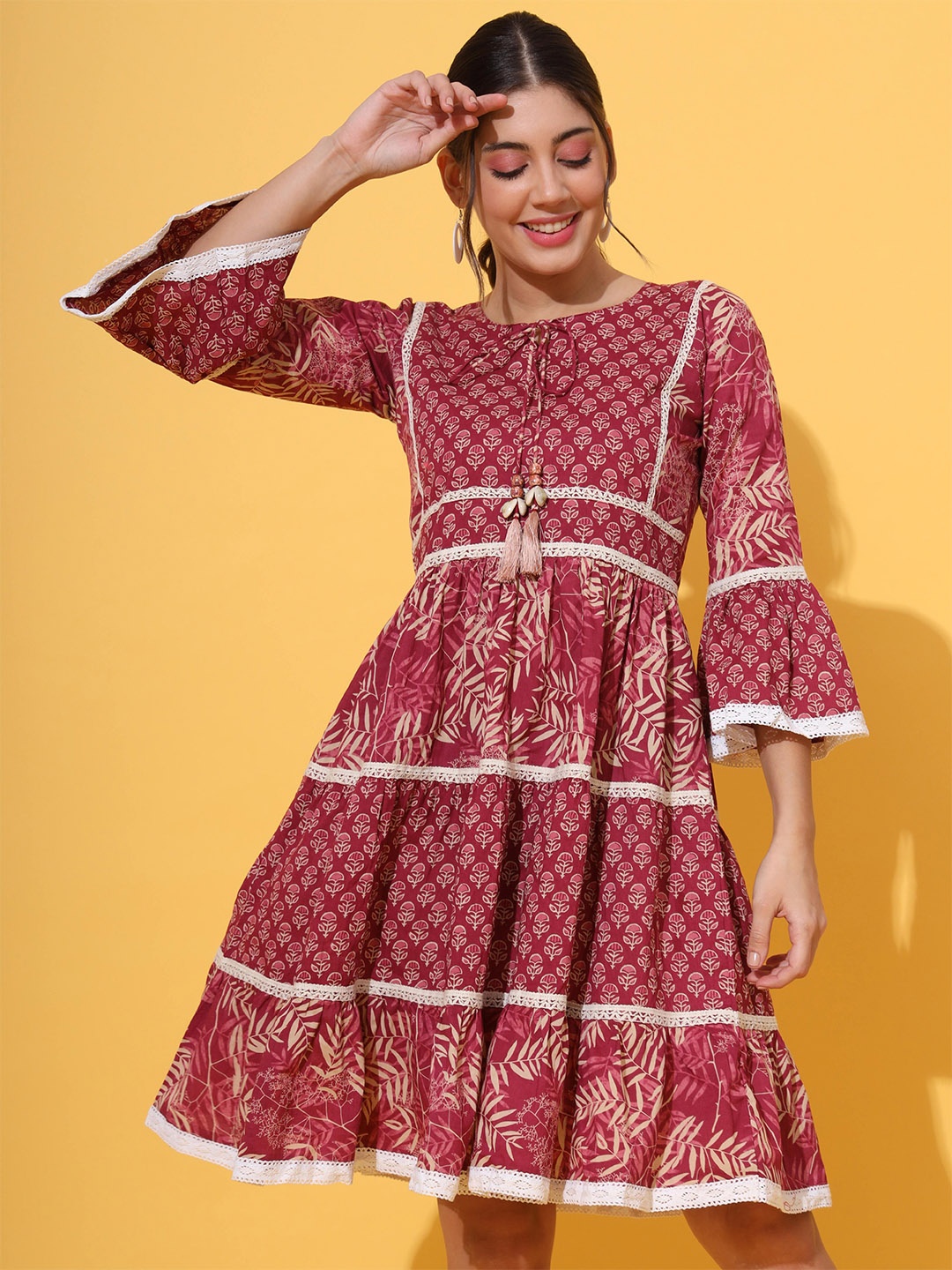 

Vbuyz Ethnic Motifs Printed Cotton A Line Dress, Pink