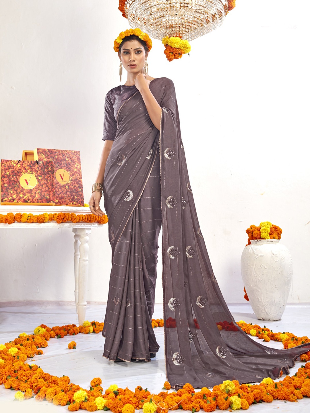 

KALINI Purple Embellished Embroidered Sequinned Detail Pure Georgette Saree