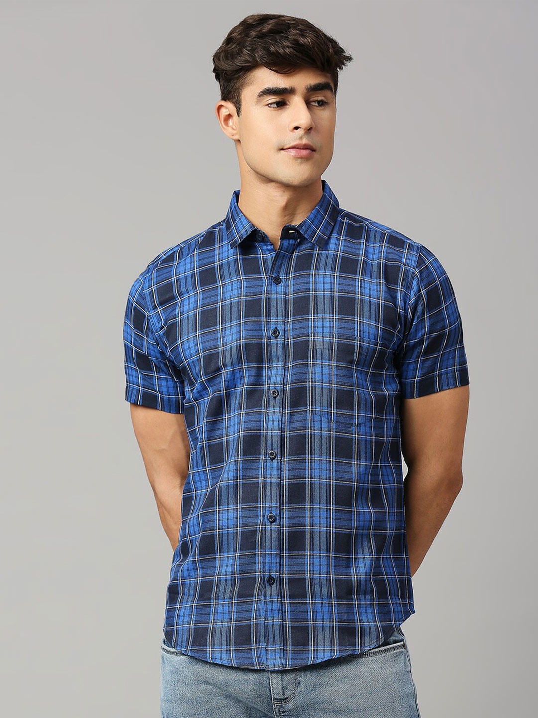 

HERE&NOW Blue Classic Slim Fit Tartan Checked Casual Shirt