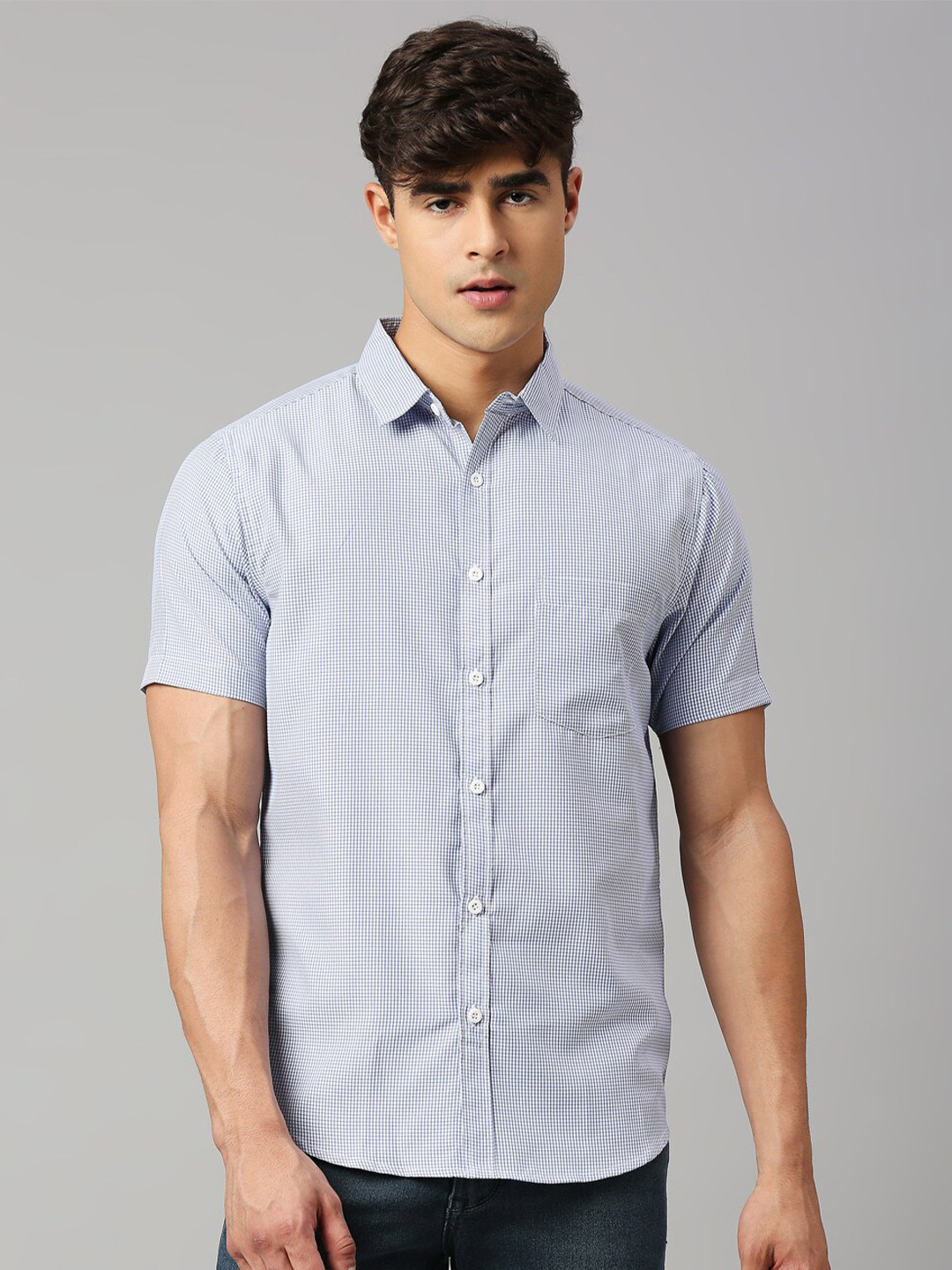 

HERE&NOW Classic Slim Fit Micro Checked Twill Casual Shirt, Blue