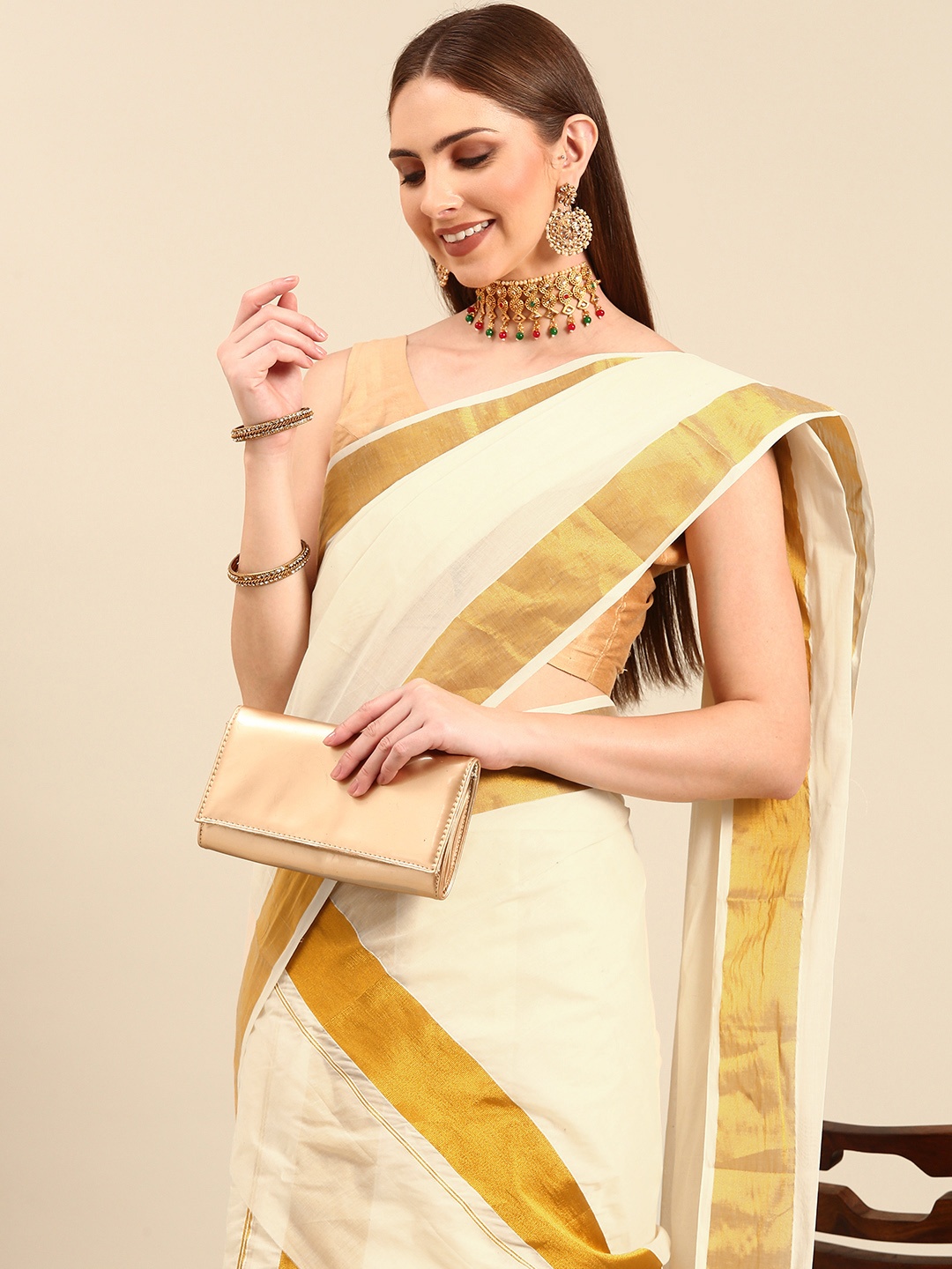 

Thara Sarees Zari Pure Cotton Kasavu Saree, Off white