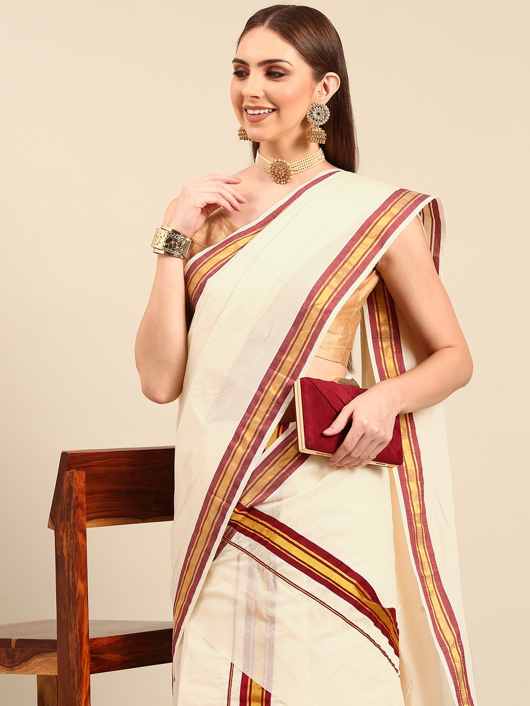 

Thara Sarees Zari Pure Cotton Kasavu Saree, Off white